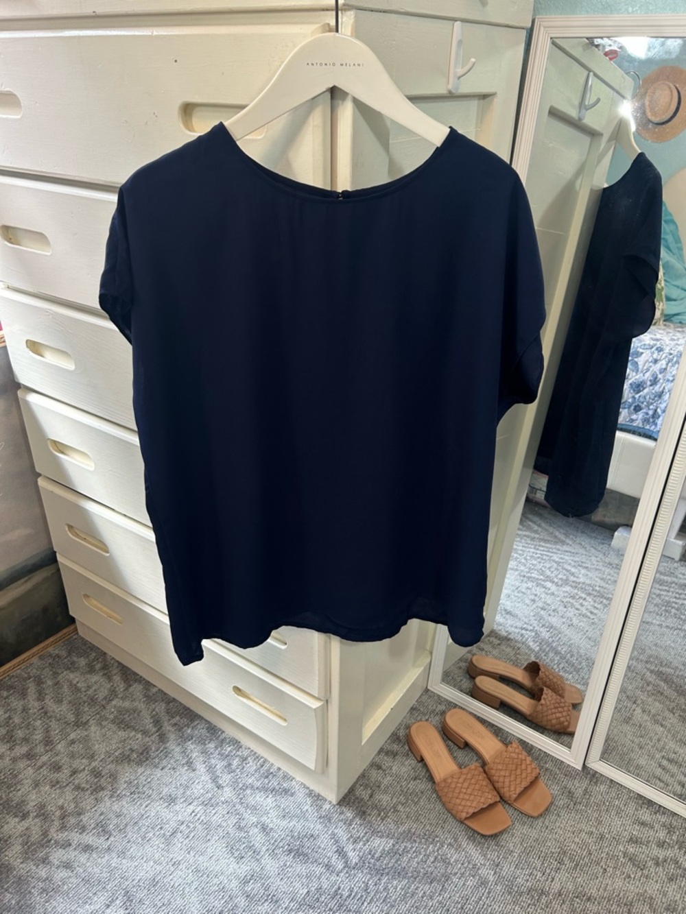 Halogen Navy Blue Boxy Short Sleeve Flowy Silhouette Drape Fabric Blouse✨